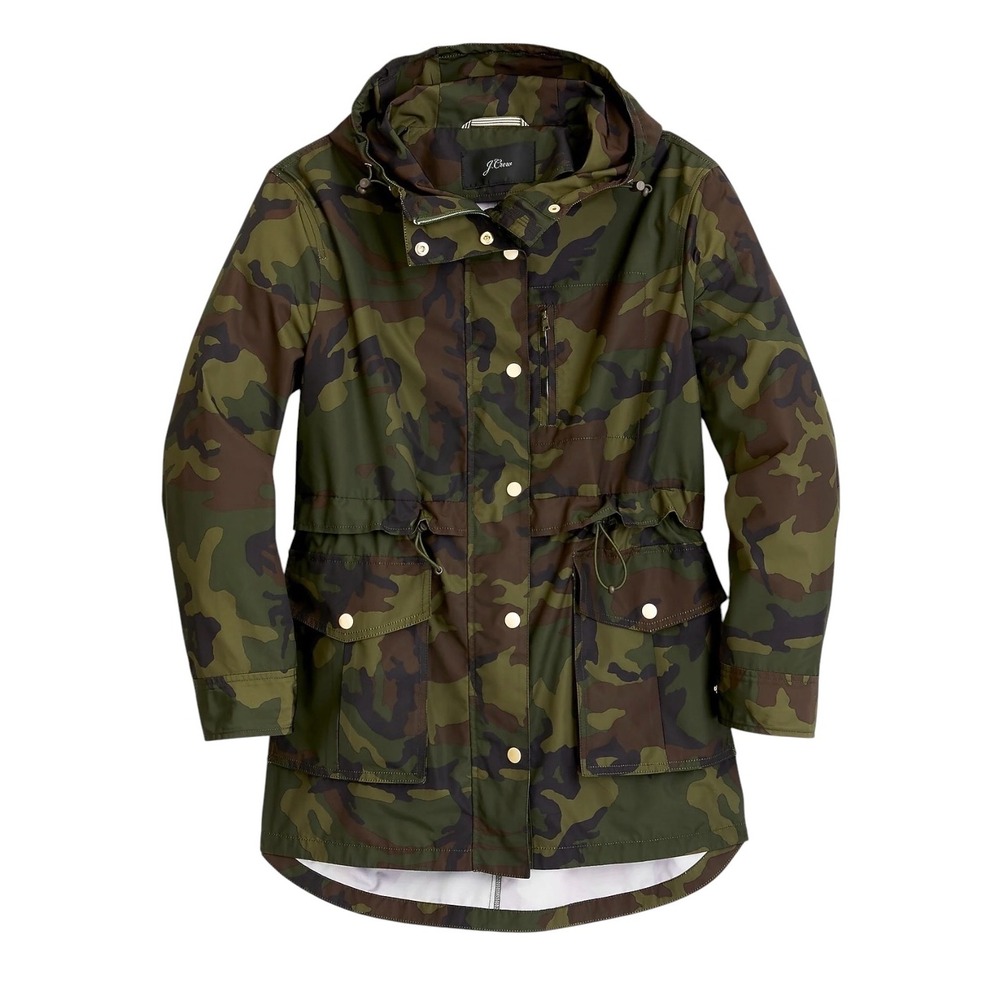 J.Crew NWOT Perfect Rain Jacket Camo Green Hooded Utility Coat AB557‎ XXS